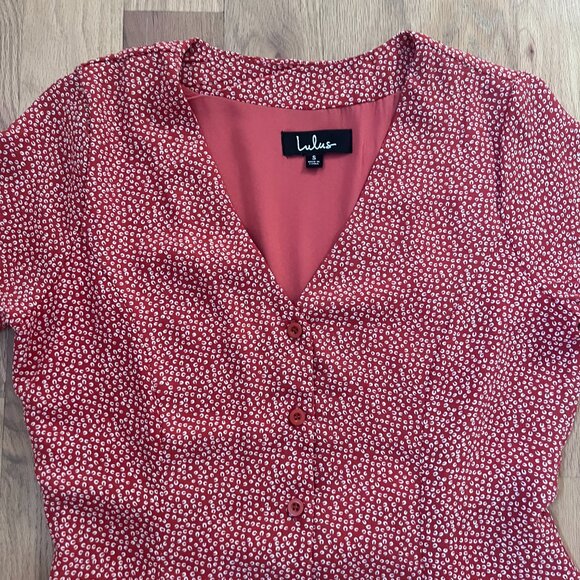 Lulus - Castana Rust Red Print Button-Up Dress - Size S - Picture 6 of 8